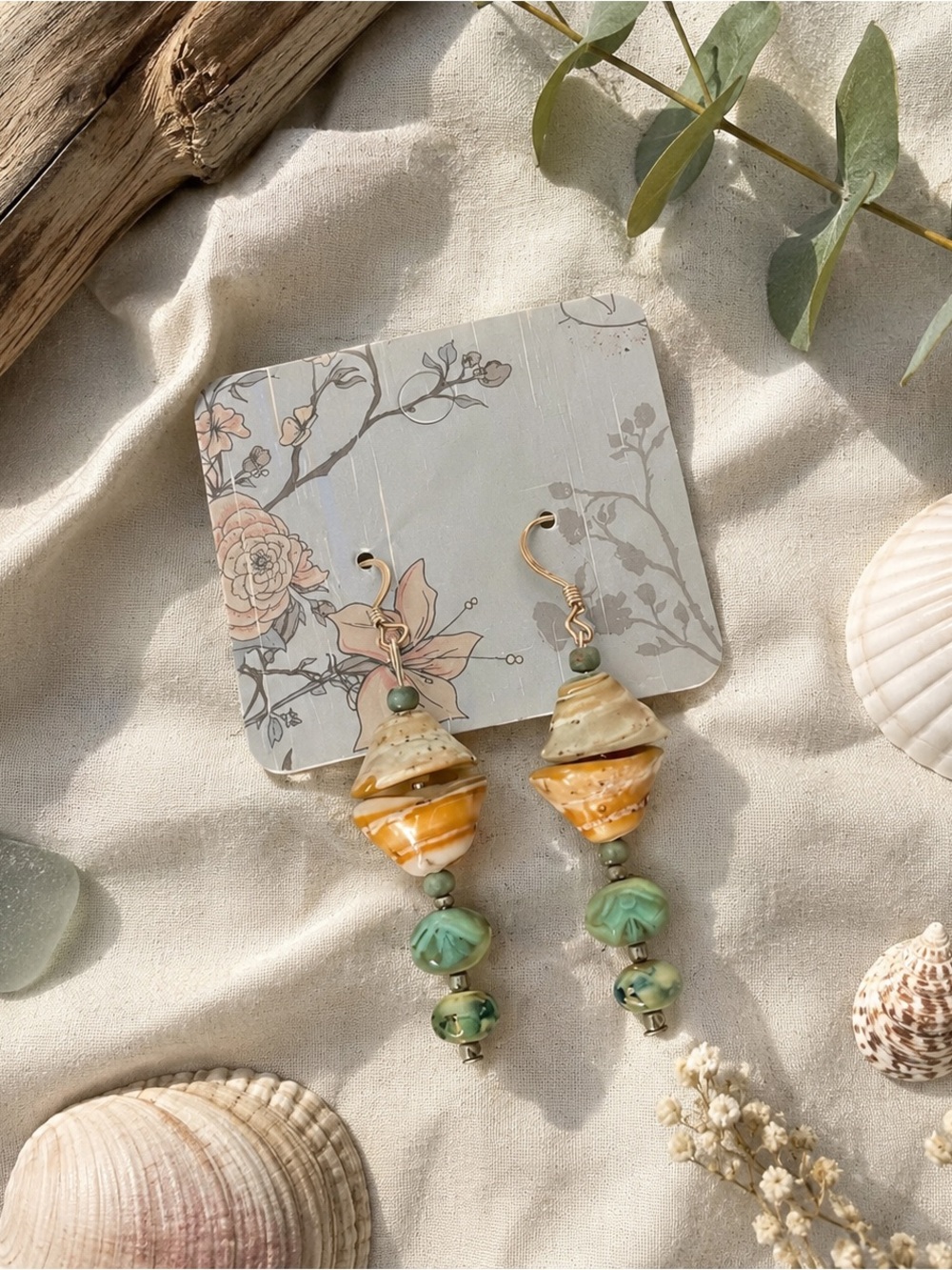 Handcrafted Shell & Glass Bead Dangle Earrings